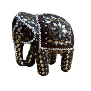 Handmade Indian Mirror Glass & Bead Embellished Elephant Figurine NWOT